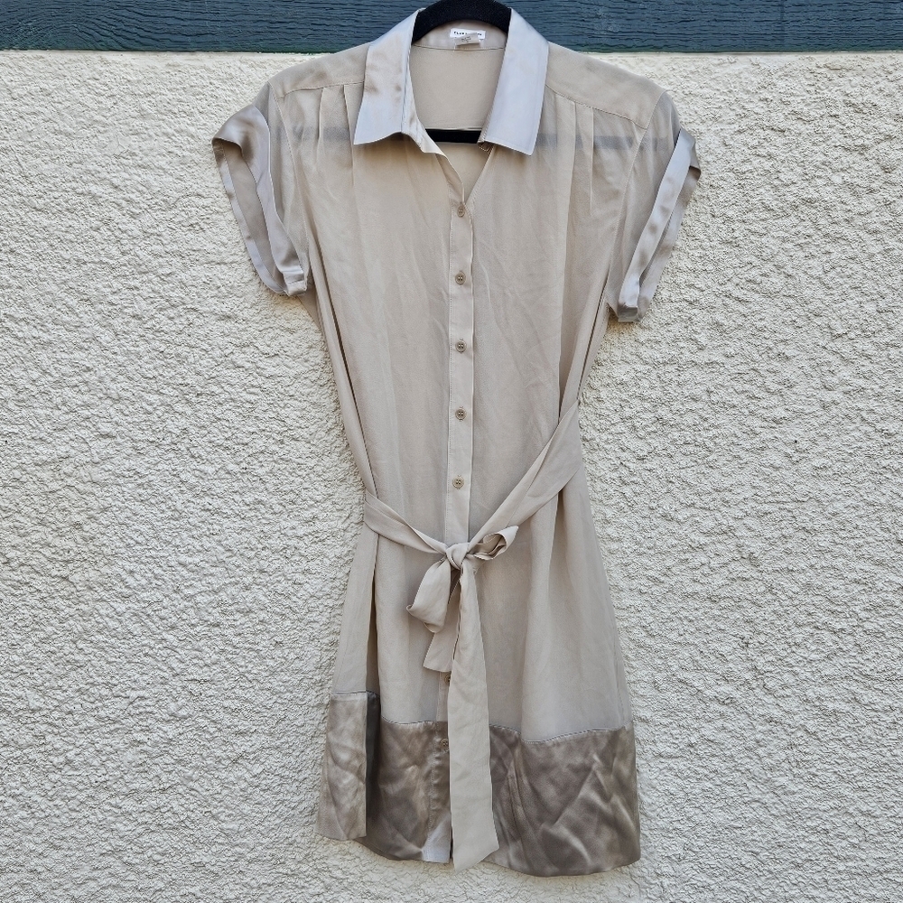 Club Monaco sheer beige button front tunic tie waist shirt dress satin trim sz 0